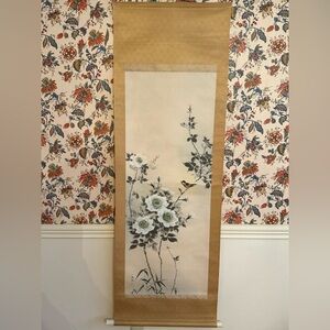 Vintage Japanese Kakejiku (Hanging Scroll) – Hand-Painted Silk – Roses & Sparrow